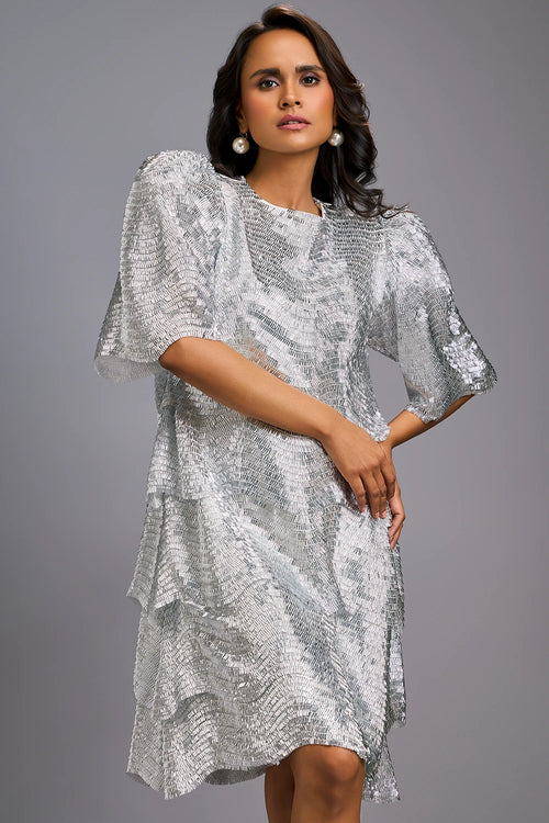 White Shimmer Knee-Length Dress with Round Neckline