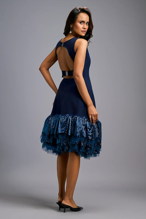Navy Blue Sleeveless Midi Dress with Cut-Out Back