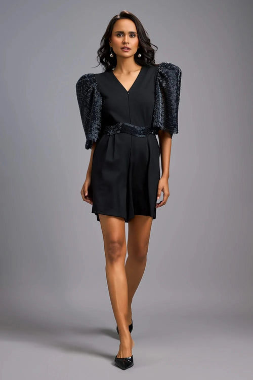 Midnight Statement Playsuit with Shimmer Puff Sleeves