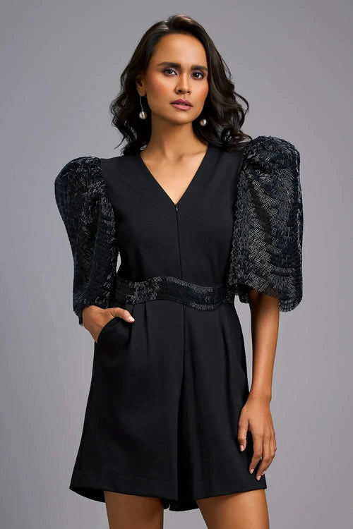 Midnight Statement Playsuit with Shimmer Puff Sleeves