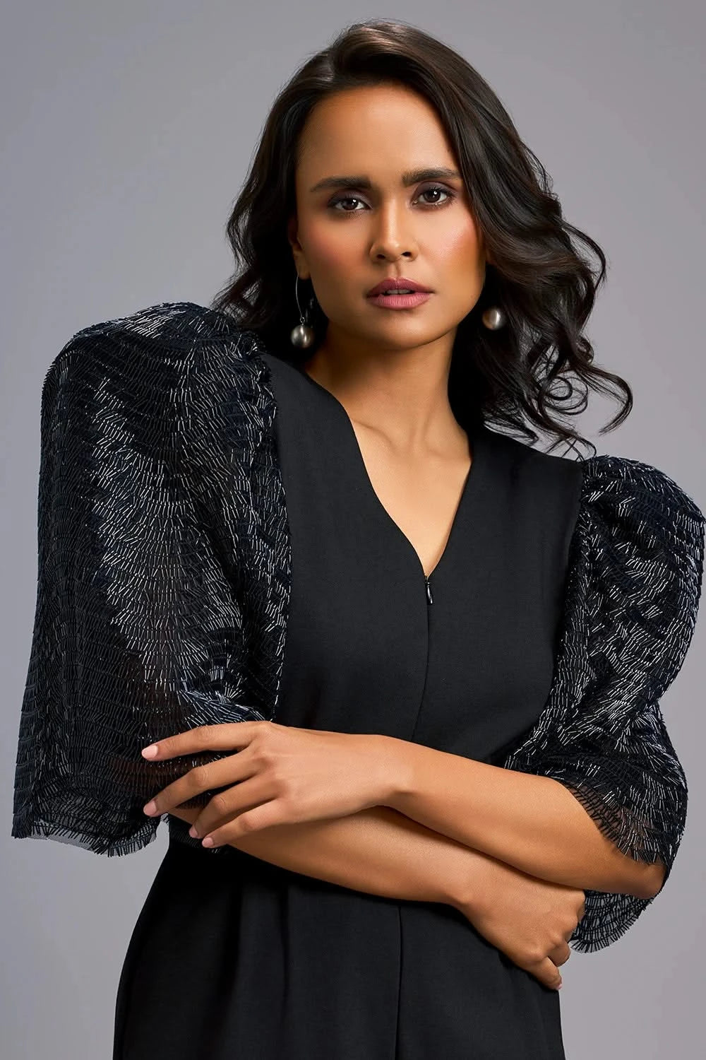 Midnight Statement Playsuit with Shimmer Puff Sleeves