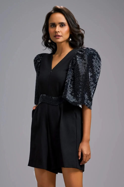 Midnight Statement Playsuit with Shimmer Puff Sleeves