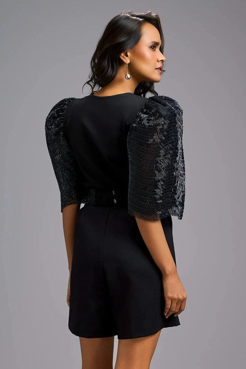 Midnight Statement Playsuit with Shimmer Puff Sleeves