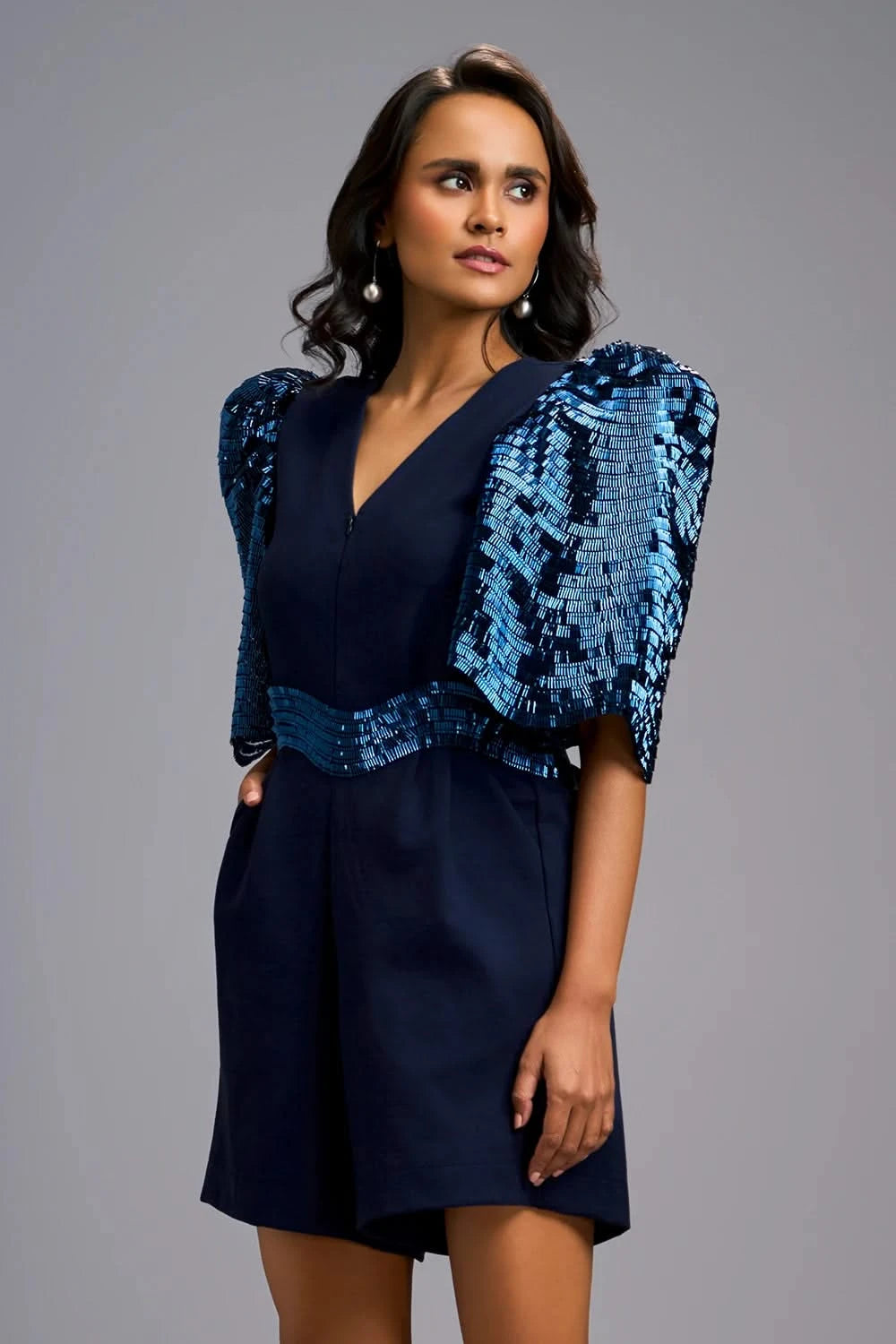 Navy Blue Statement Playsuit with Shimmer Puff Sleeves