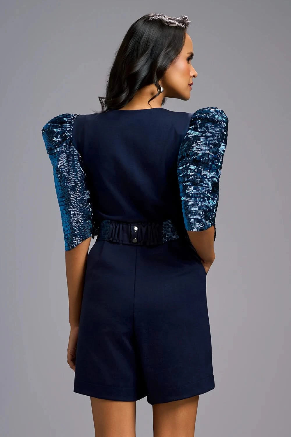 Navy Blue Statement Playsuit with Shimmer Puff Sleeves