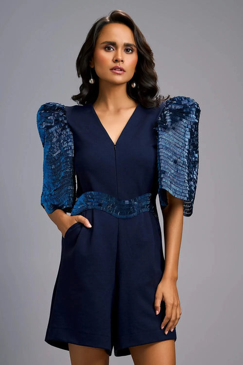 Navy Blue Statement Playsuit with Shimmer Puff Sleeves