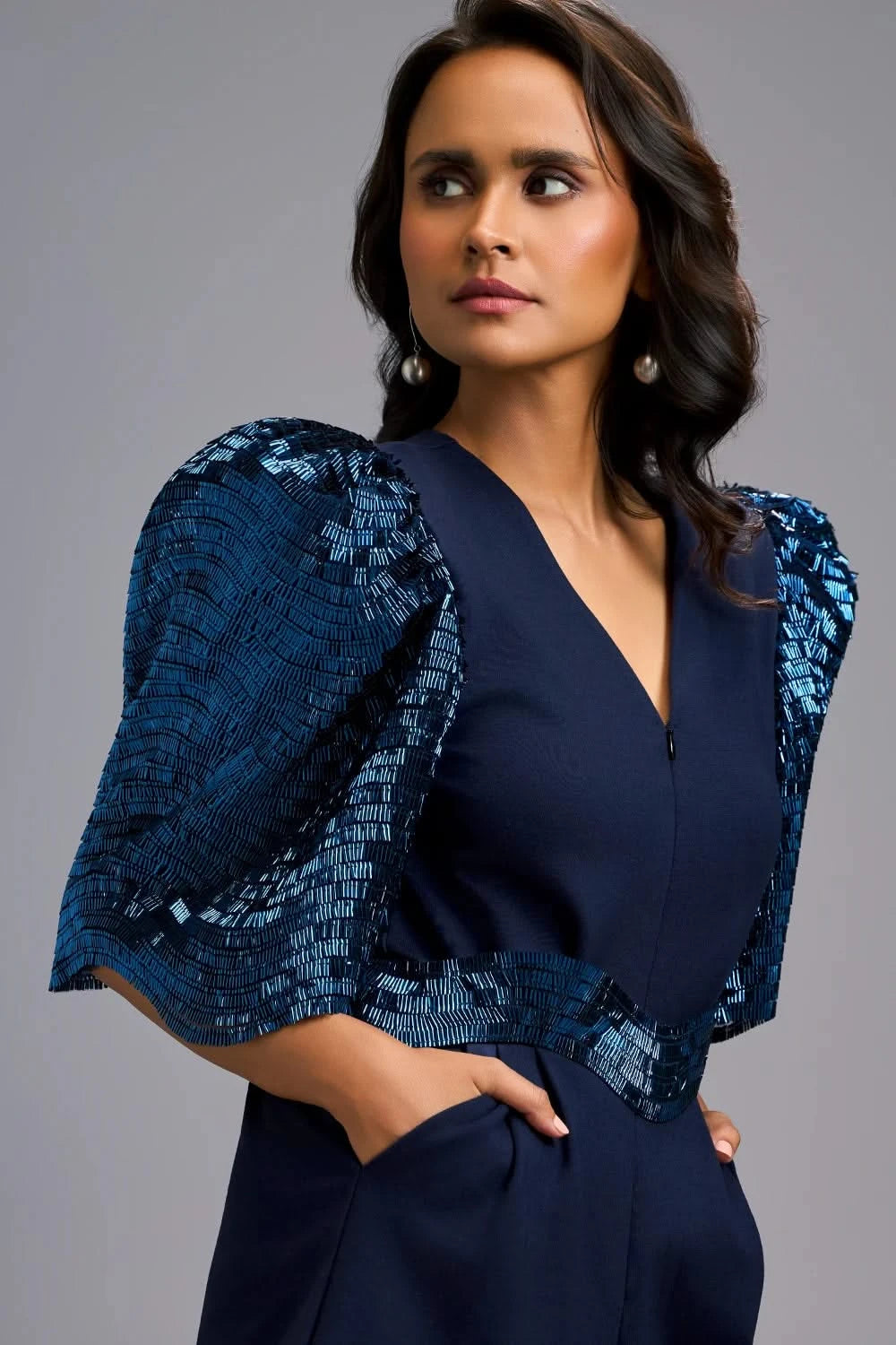 Navy Blue Statement Playsuit with Shimmer Puff Sleeves