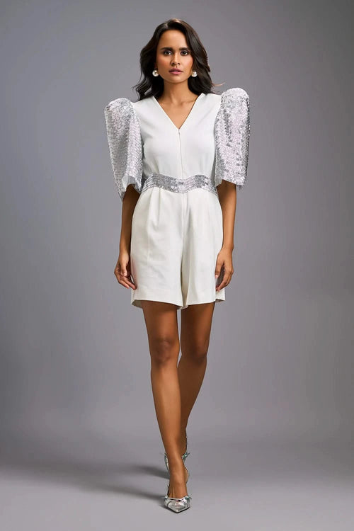 White Statement Playsuit with Shimmer Puff Sleeves