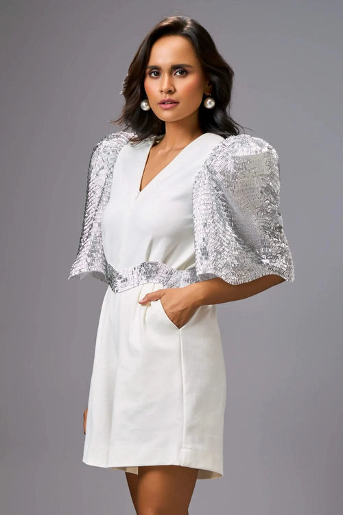 White Statement Playsuit with Shimmer Puff Sleeves