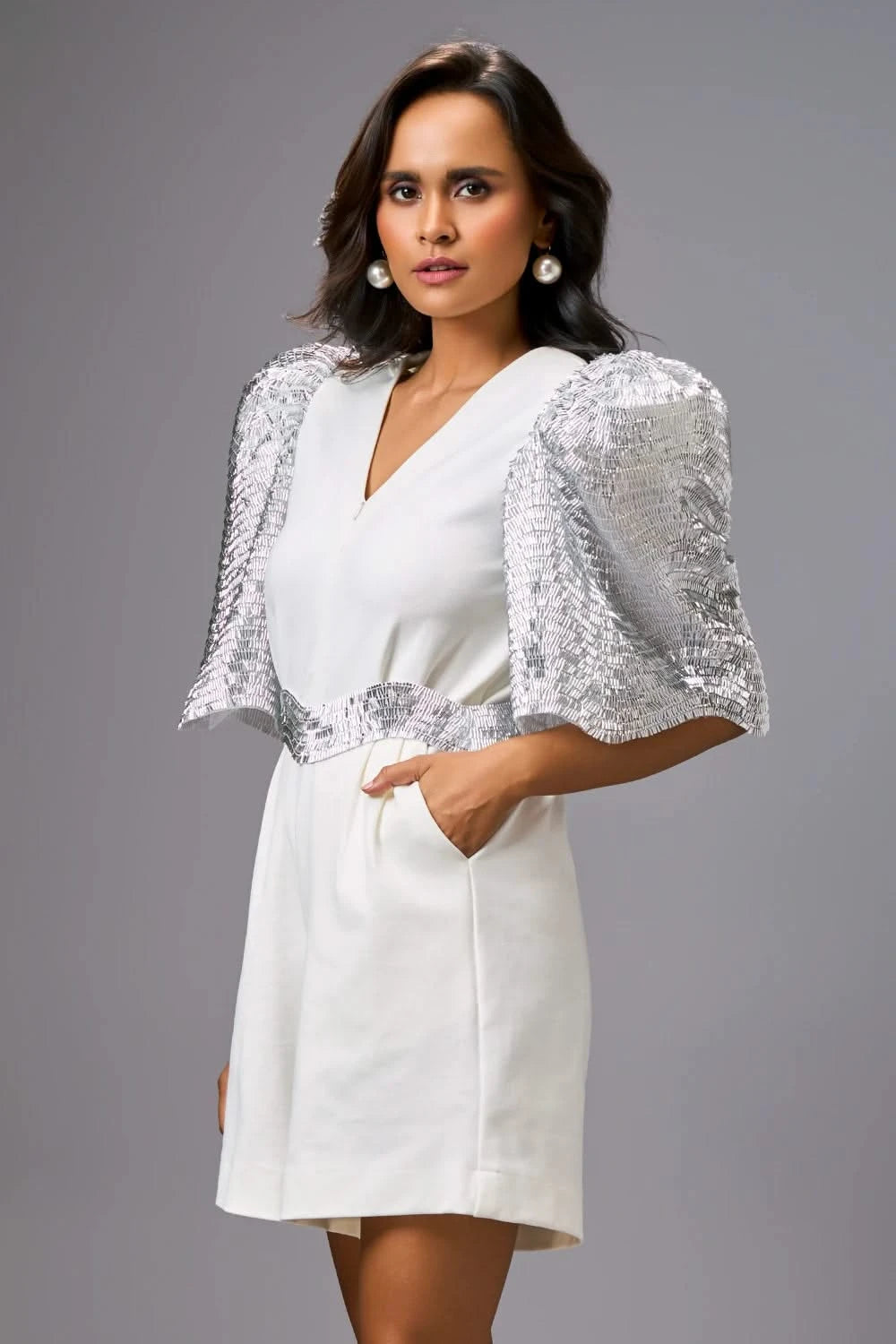 White Statement Playsuit with Shimmer Puff Sleeves