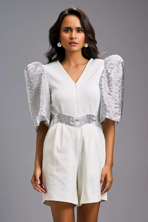 White Statement Playsuit with Shimmer Puff Sleeves