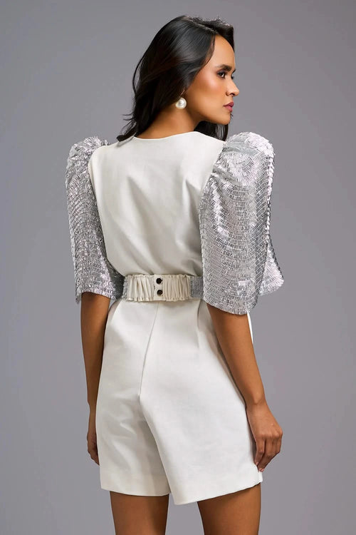 White Statement Playsuit with Shimmer Puff Sleeves
