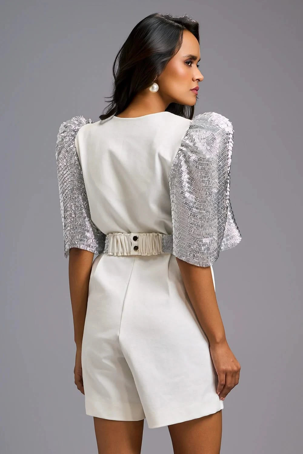 White Statement Playsuit with Shimmer Puff Sleeves