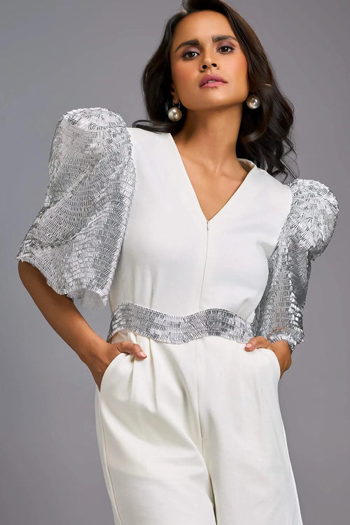 White Statement Playsuit with Shimmer Puff Sleeves