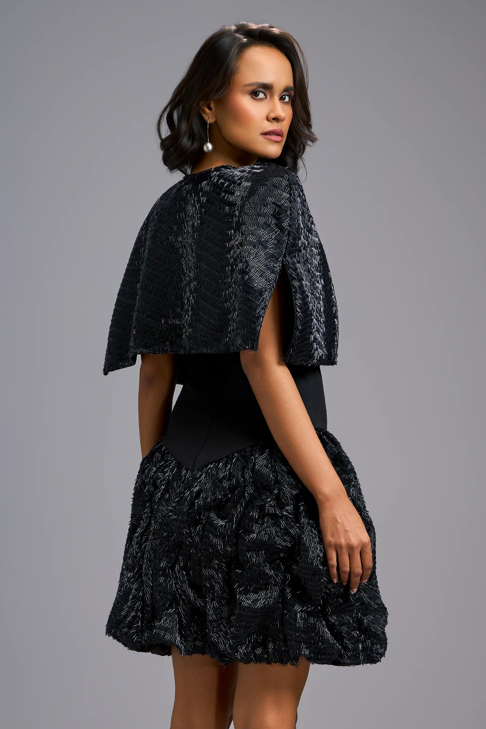 Midnight Strapless Voluminous Shimmer Dress with Cape