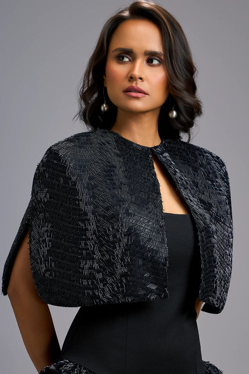 Midnight Strapless Voluminous Shimmer Dress with Cape