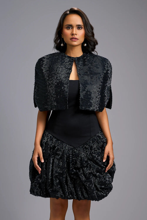 Midnight Strapless Voluminous Shimmer Dress with Cape