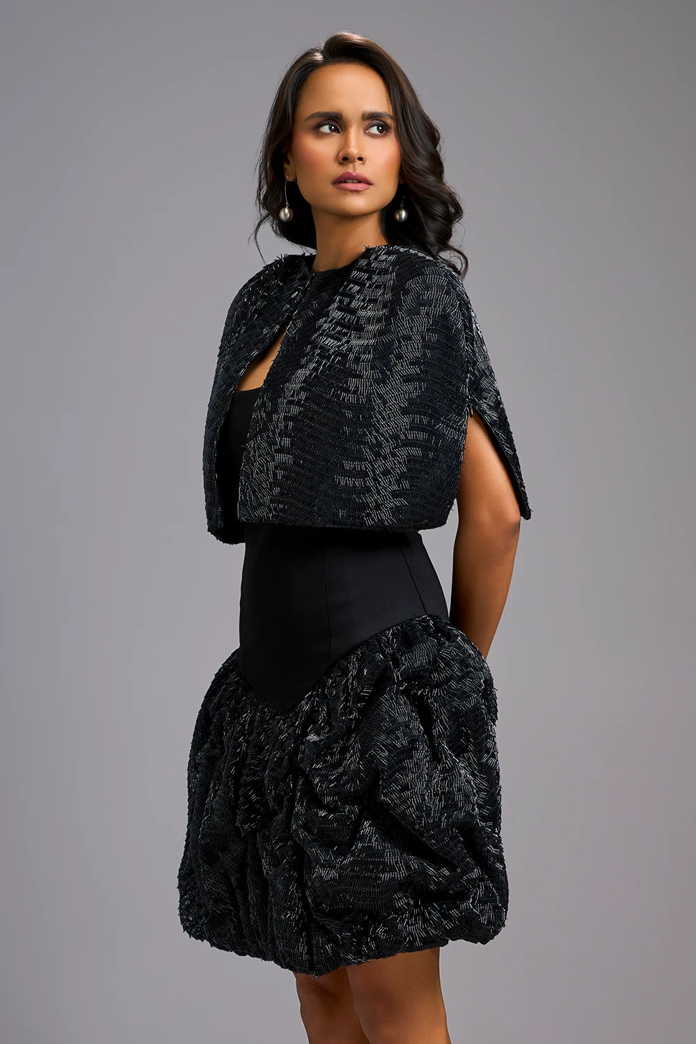 Midnight Strapless Voluminous Shimmer Dress with Cape