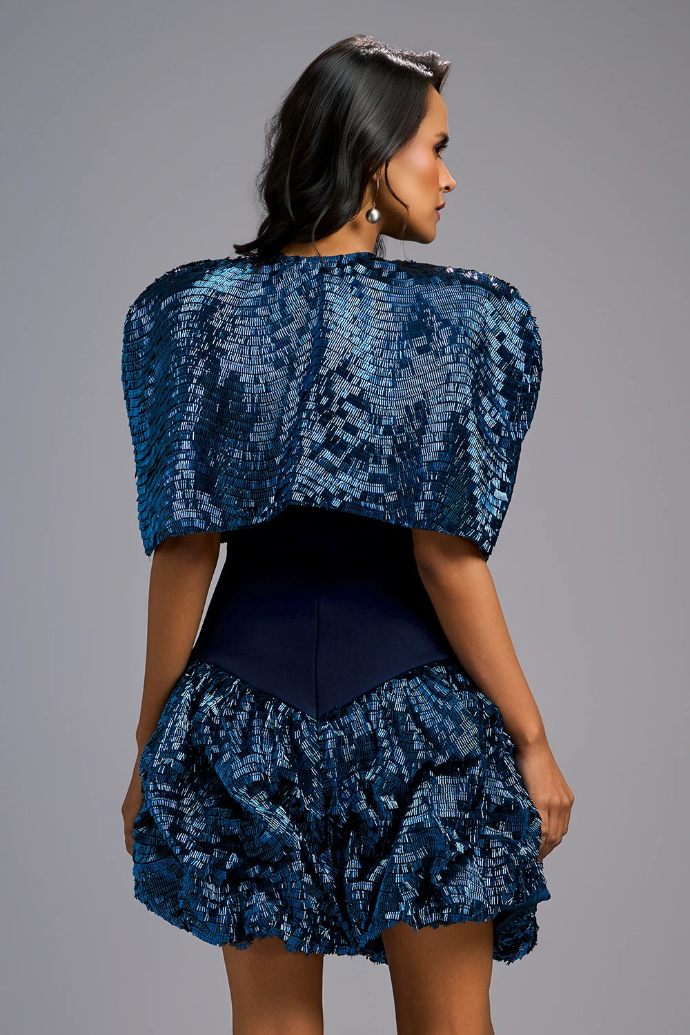 Navy Blue Strapless Voluminous Shimmer Dress with Cape