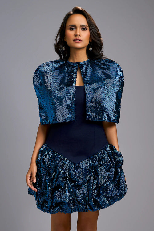 Navy Blue Strapless Voluminous Shimmer Dress with Cape