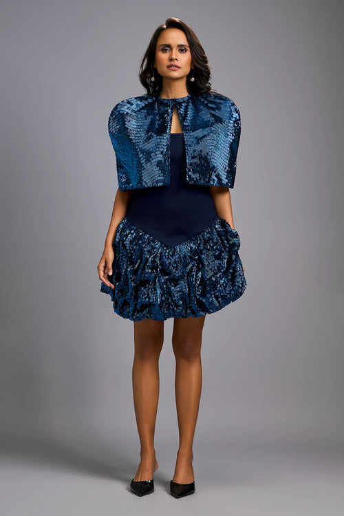 Navy Blue Strapless Voluminous Shimmer Dress with Cape