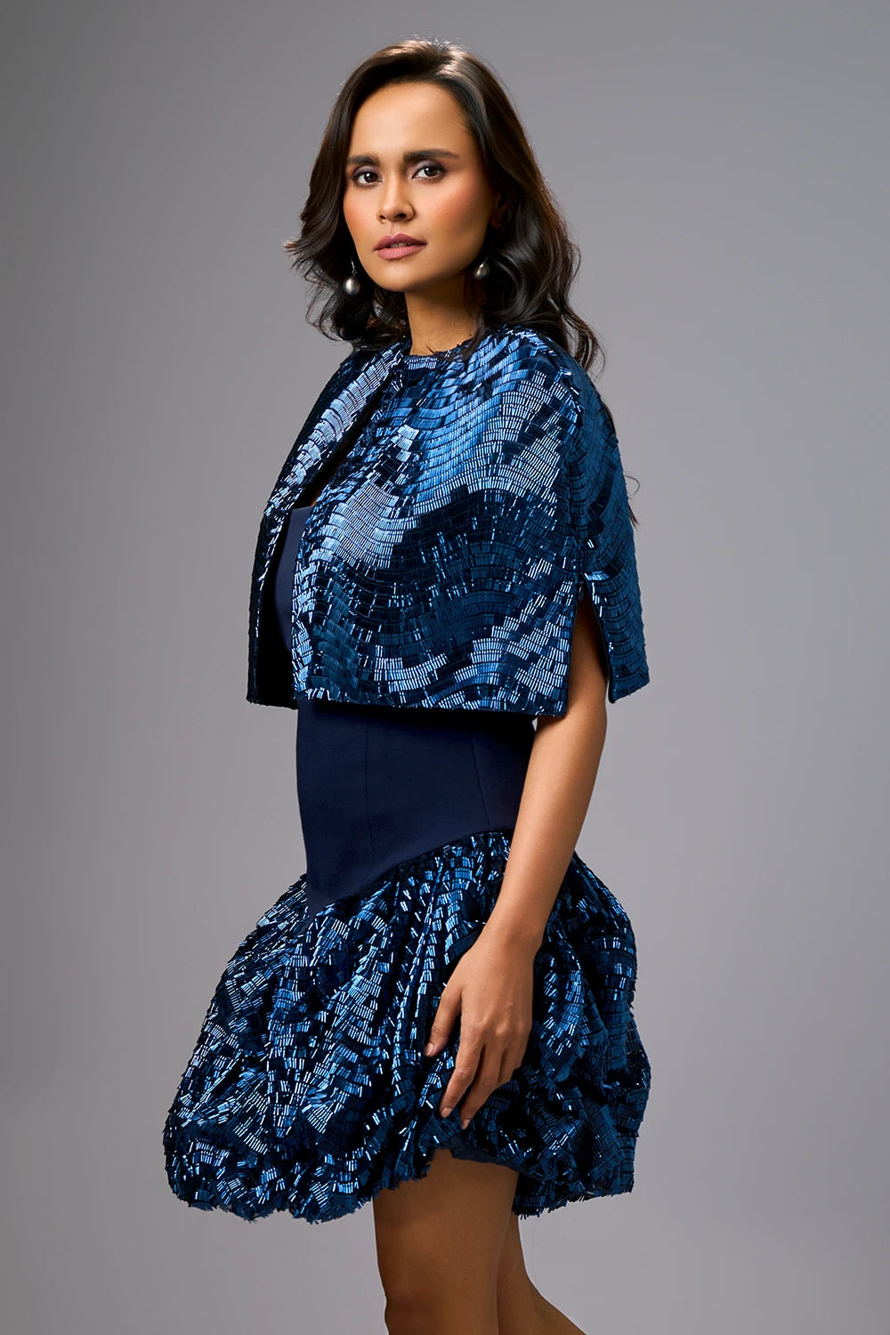 Navy Blue Strapless Voluminous Shimmer Dress with Cape