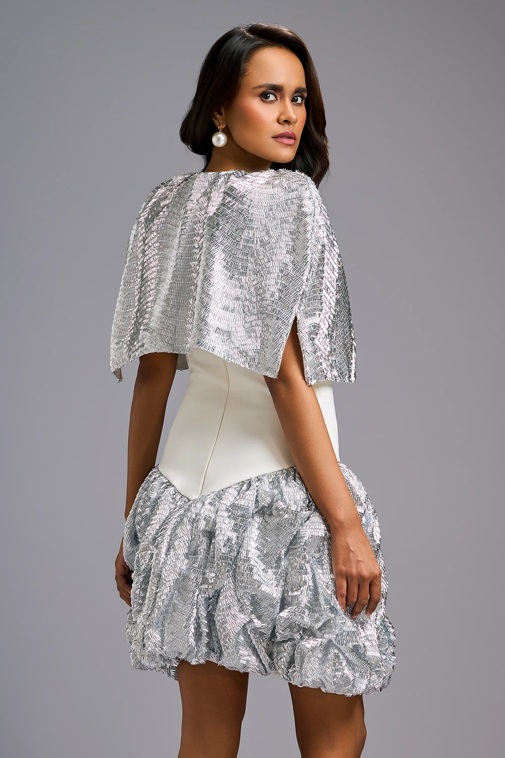 White Strapless Voluminous Shimmer Dress with Cape