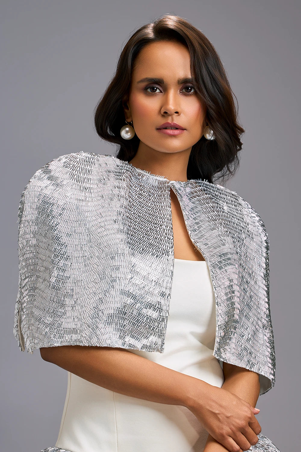 White Strapless Voluminous Shimmer Dress with Cape