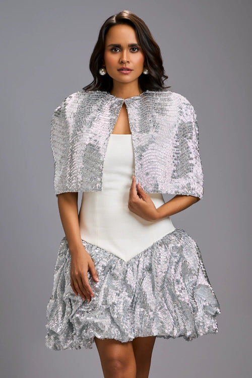 White Strapless Voluminous Shimmer Dress with Cape