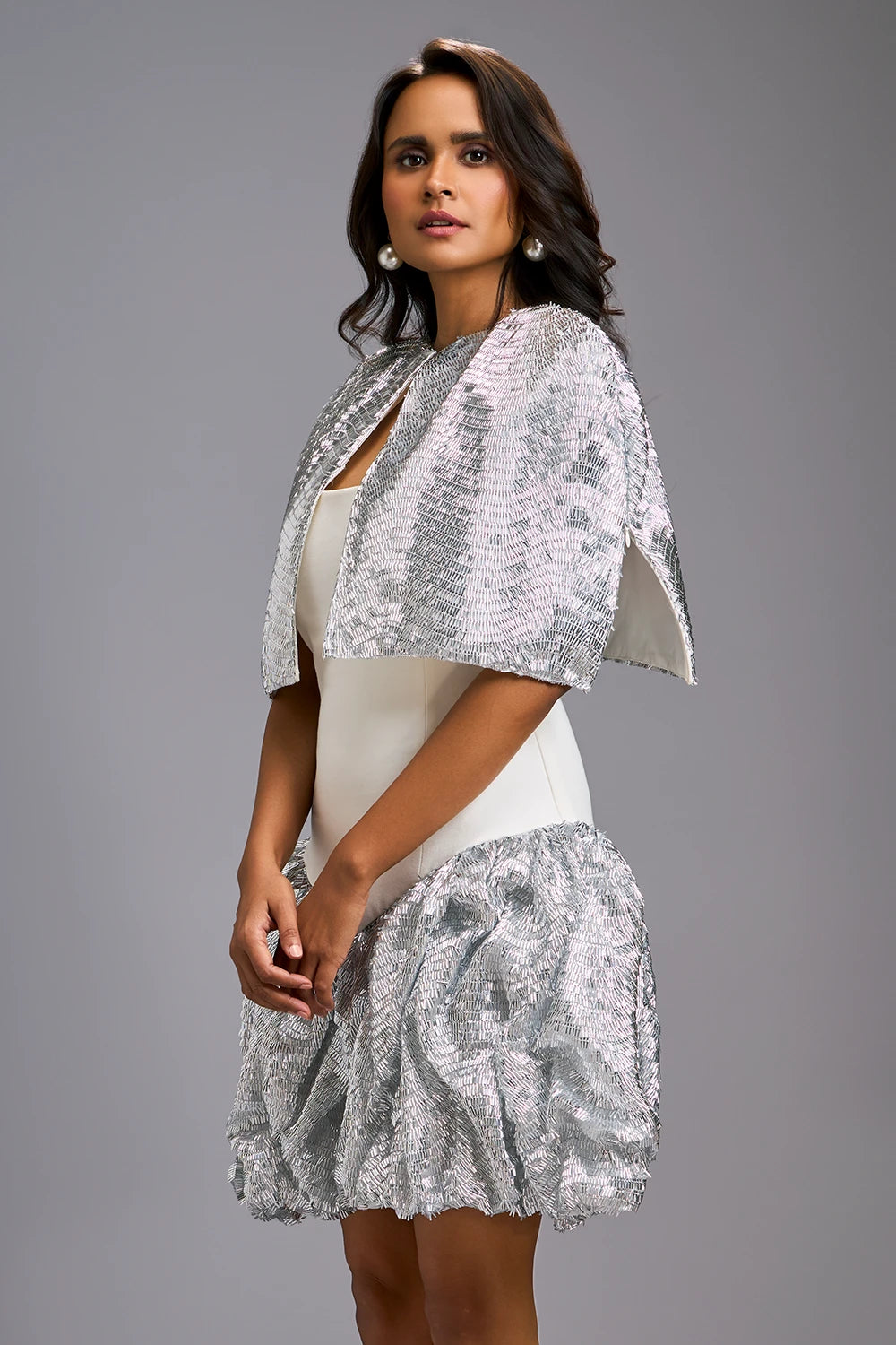 White Strapless Voluminous Shimmer Dress with Cape