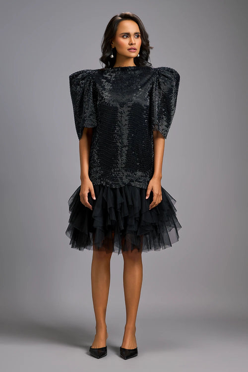 Midnight Glam Puff Sleeve Shimmer Dress