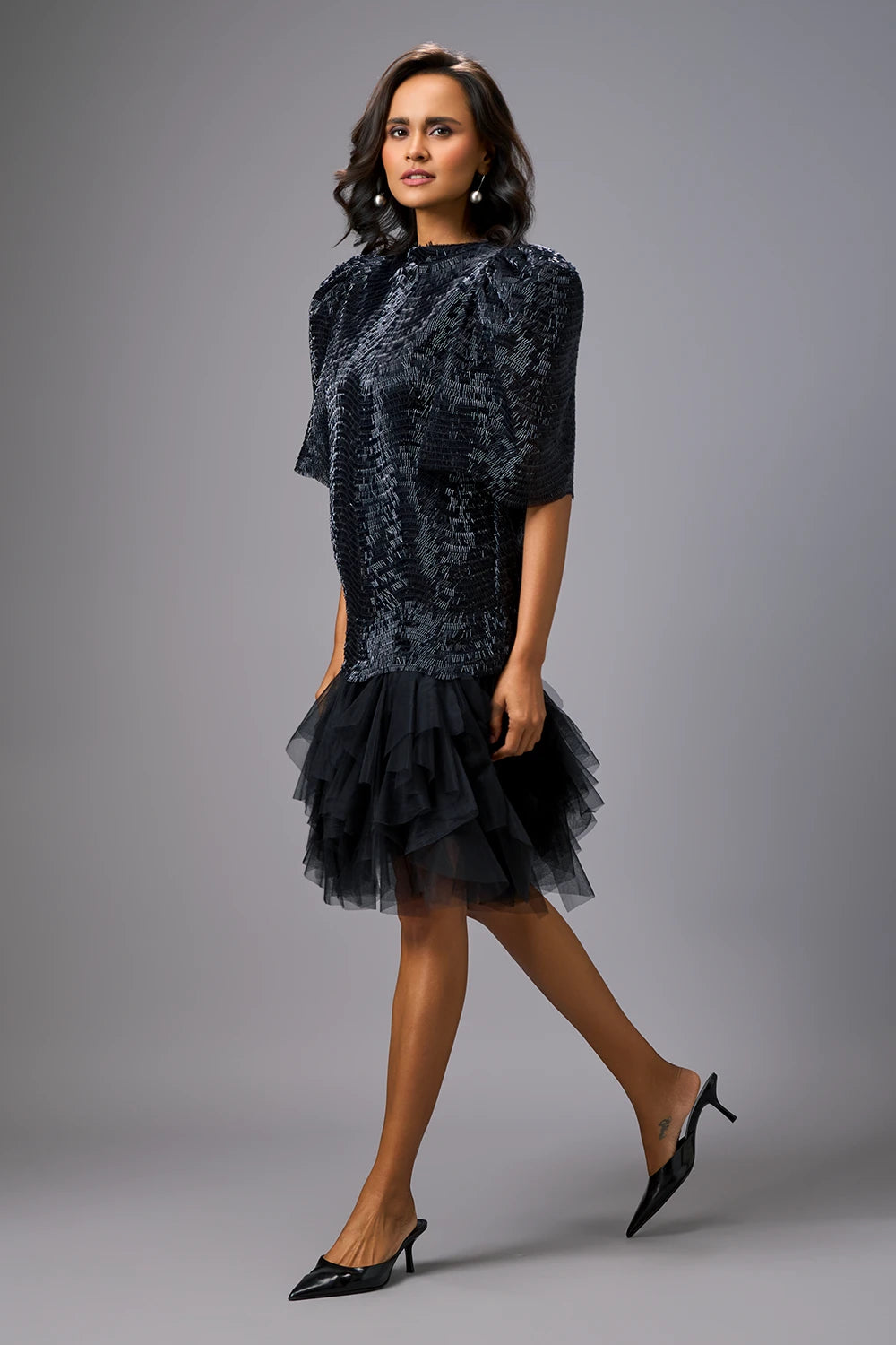 Midnight Glam Puff Sleeve Shimmer Dress