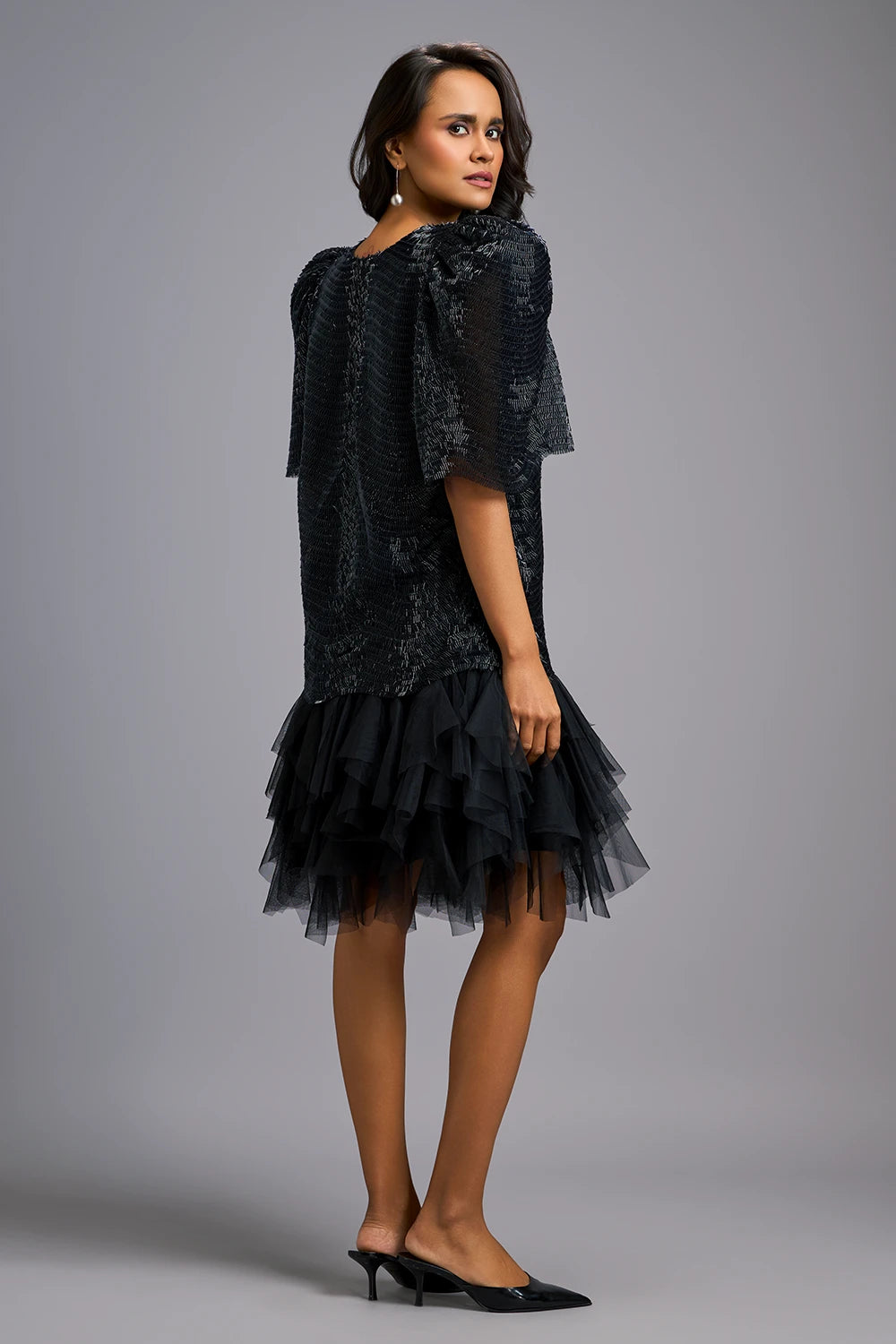 Midnight Glam Puff Sleeve Shimmer Dress
