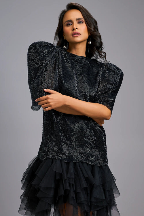 Midnight Glam Puff Sleeve Shimmer Dress