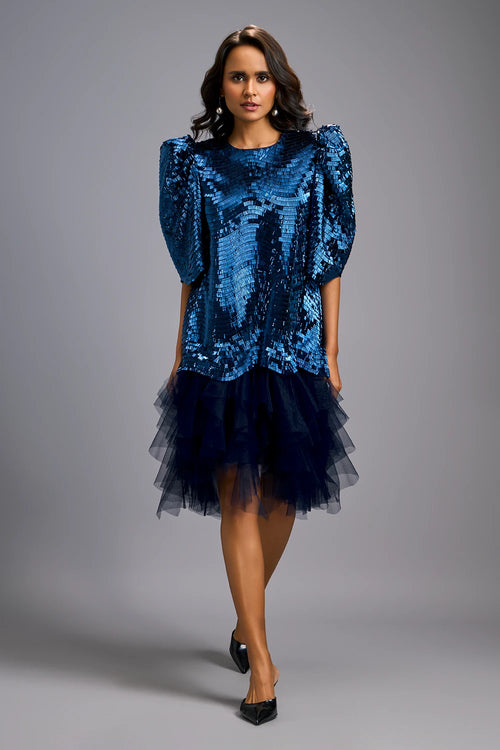 Navy Blue Glam Puff Sleeve Shimmer Dress