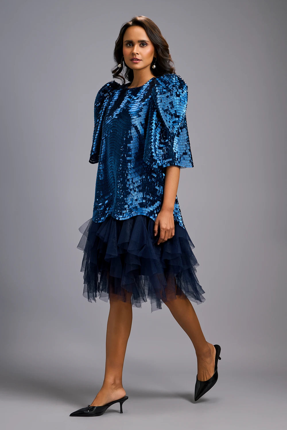 Navy Blue Glam Puff Sleeve Shimmer Dress