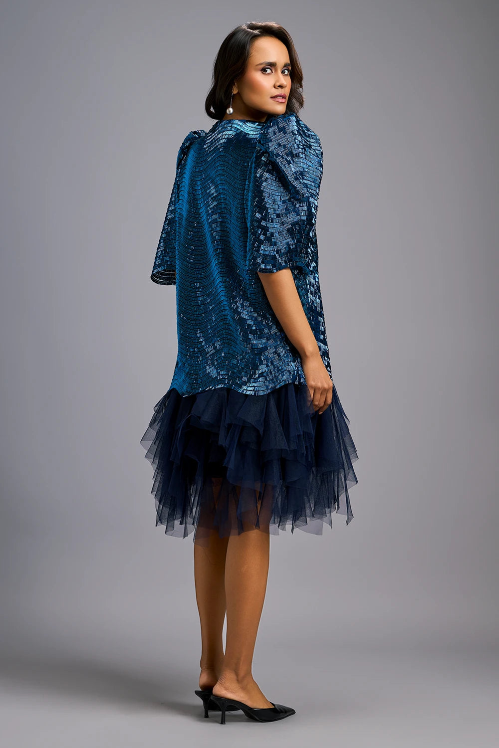 Navy Blue Glam Puff Sleeve Shimmer Dress