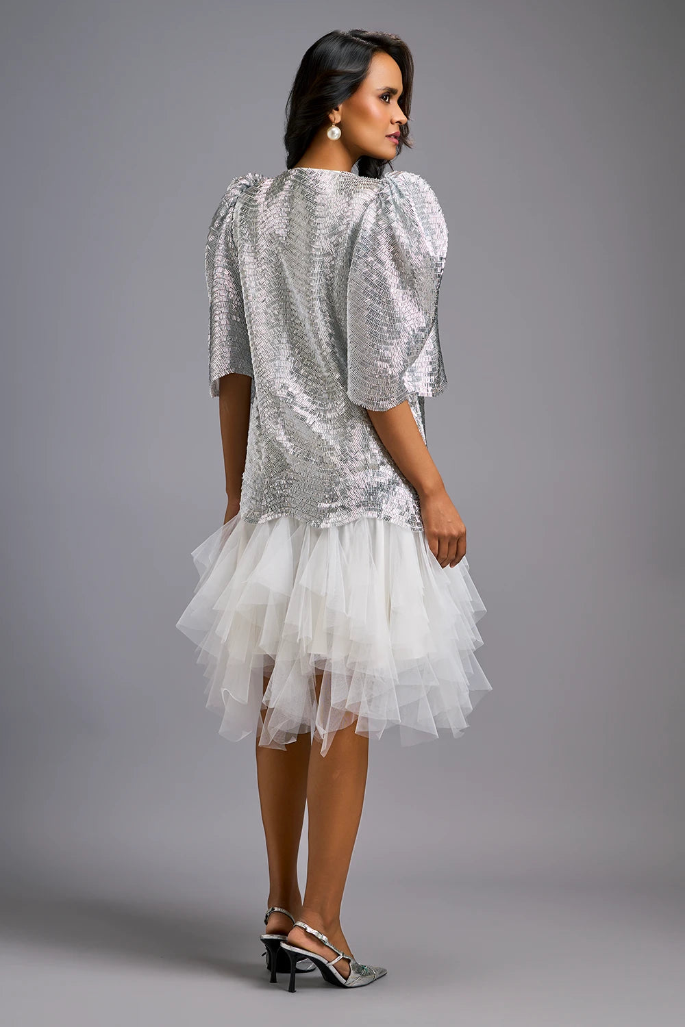 White Glam Puff Sleeve Shimmer Dress