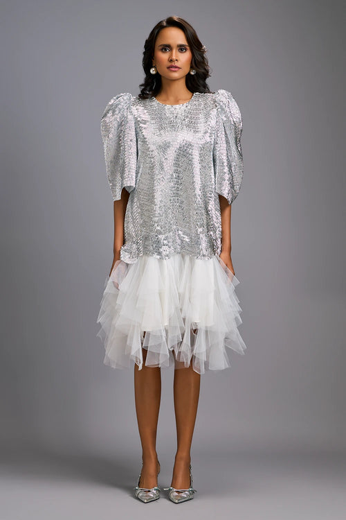 White Glam Puff Sleeve Shimmer Dress