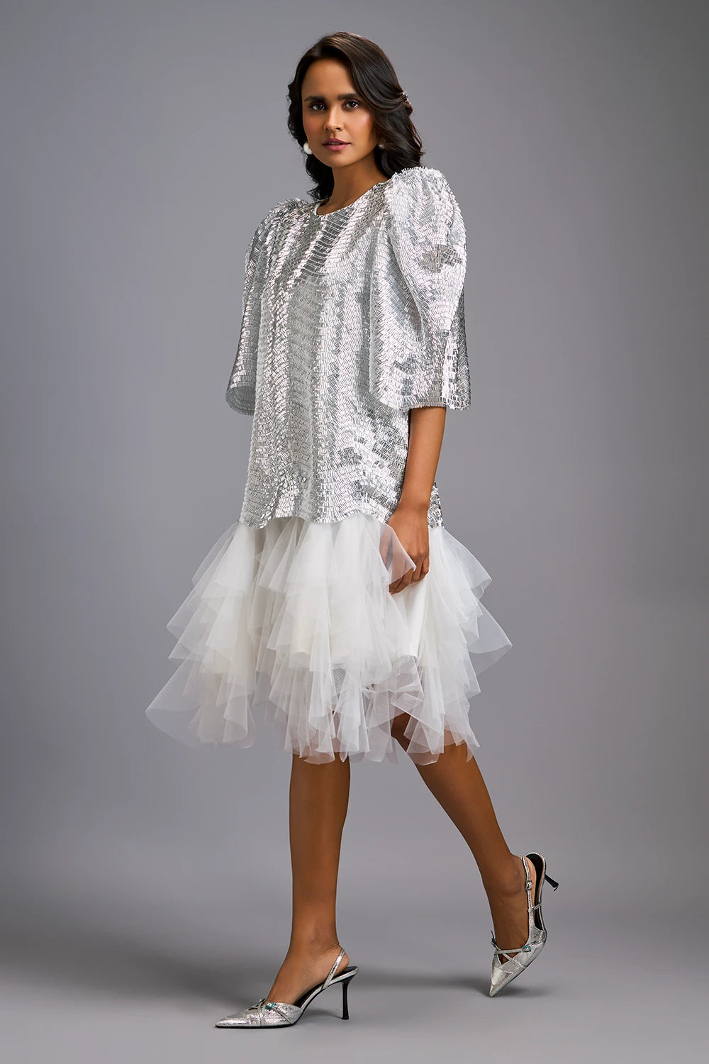 White Glam Puff Sleeve Shimmer Dress
