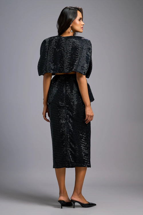 Midnight Sleek Bustier with Shimmer Skirt and Cape