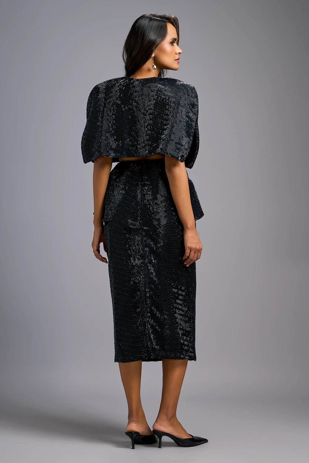 Midnight Sleek Bustier with Shimmer Skirt and Cape