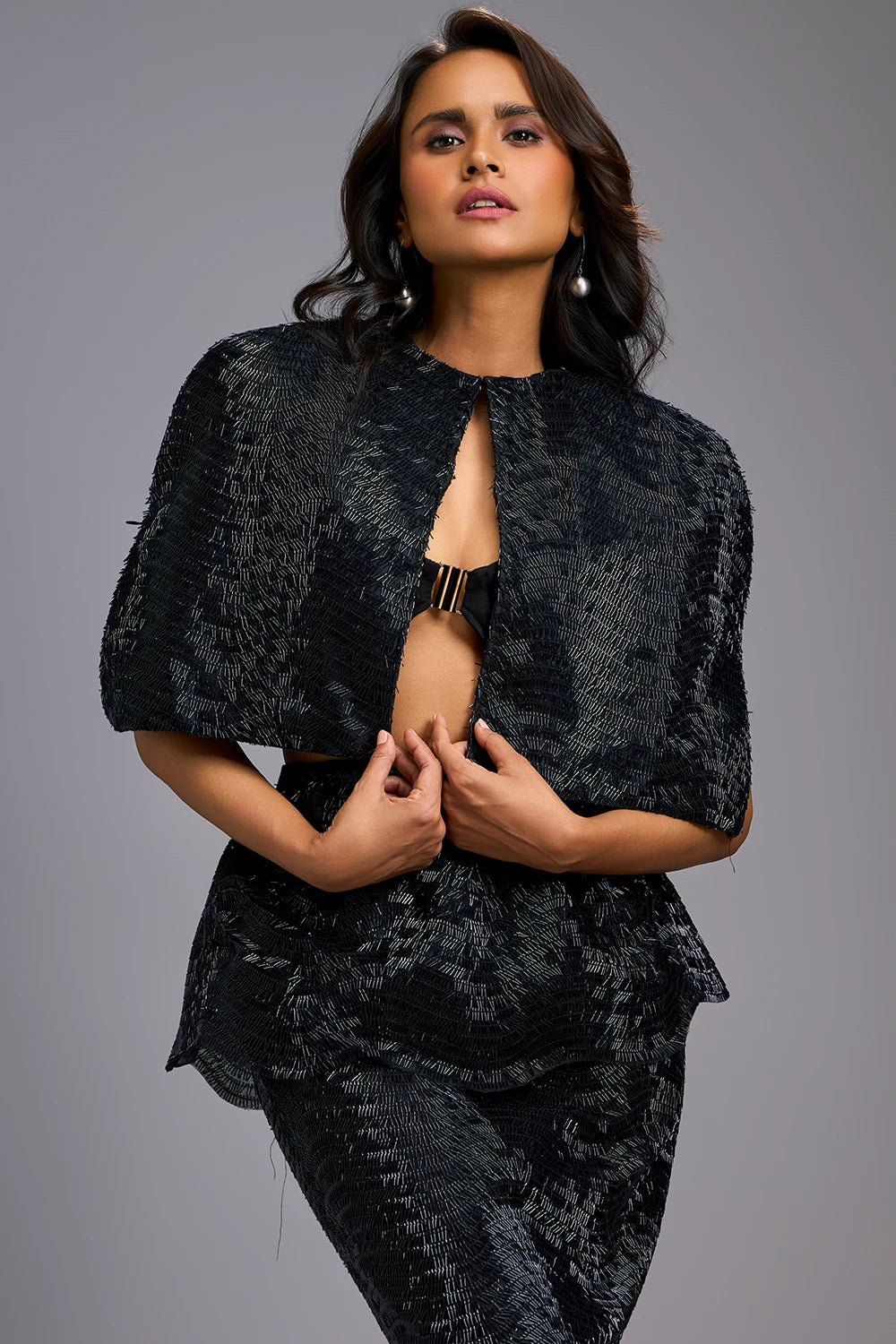 Midnight Shimmer Embroidered Midi Skirt