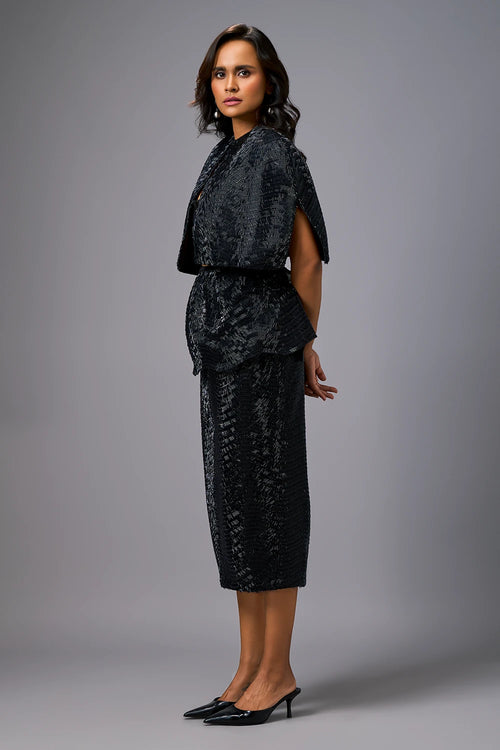 Midnight Sleek Bustier with Shimmer Skirt and Cape