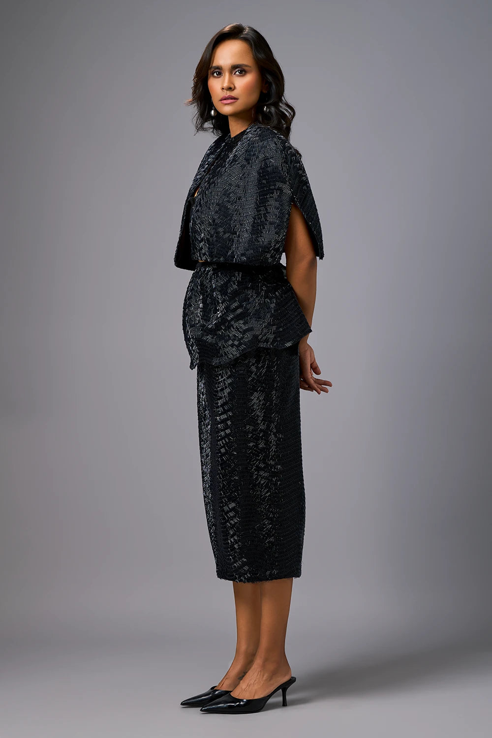 Midnight Sleek Bustier with Shimmer Skirt and Cape