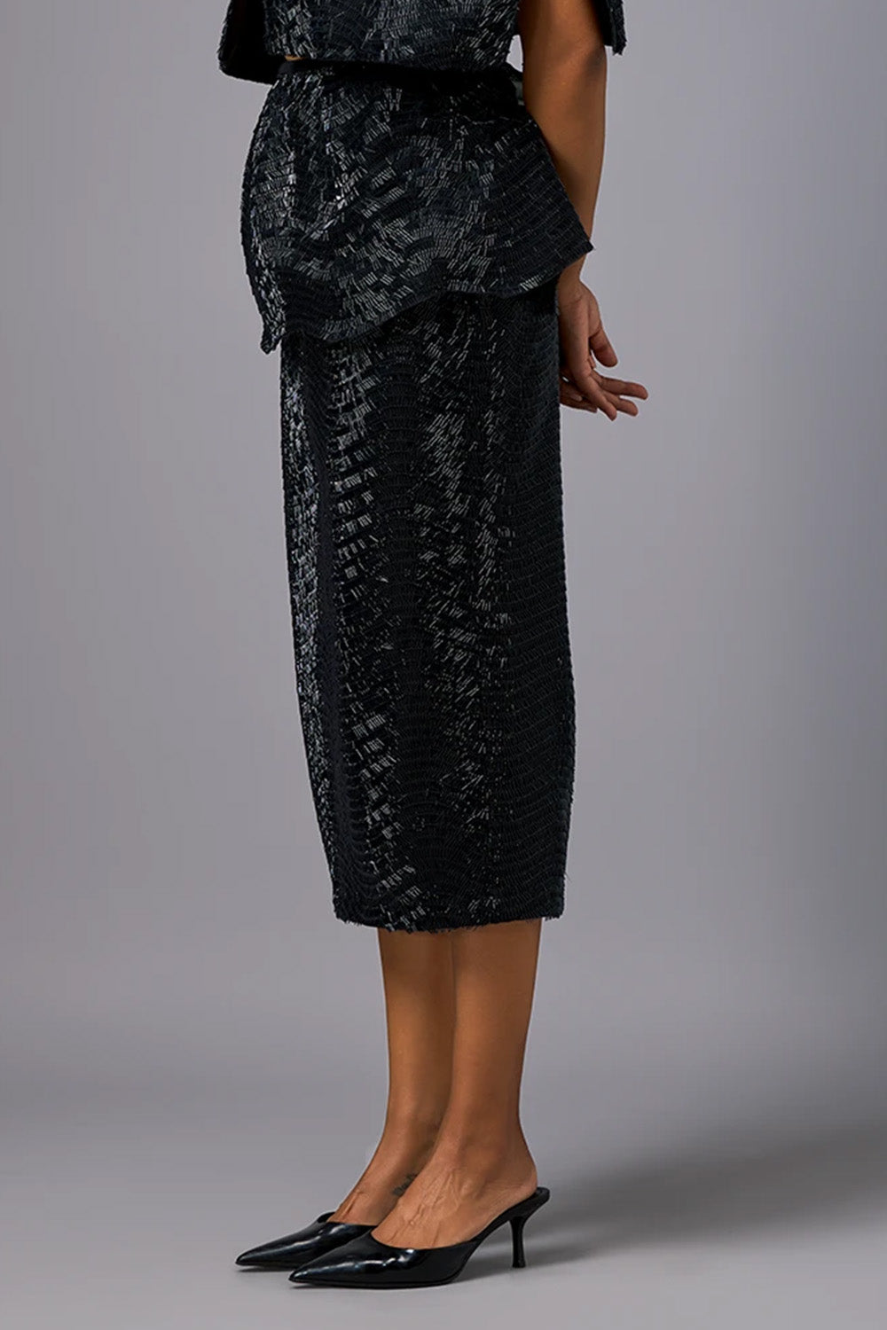 Midnight Shimmer Embroidered Midi Skirt