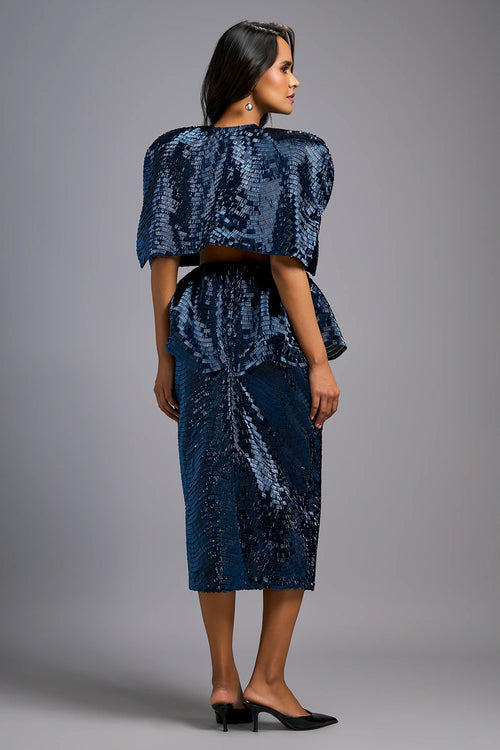 Navy Blue Sleek Bustier with Shimmer Skirt and Cape