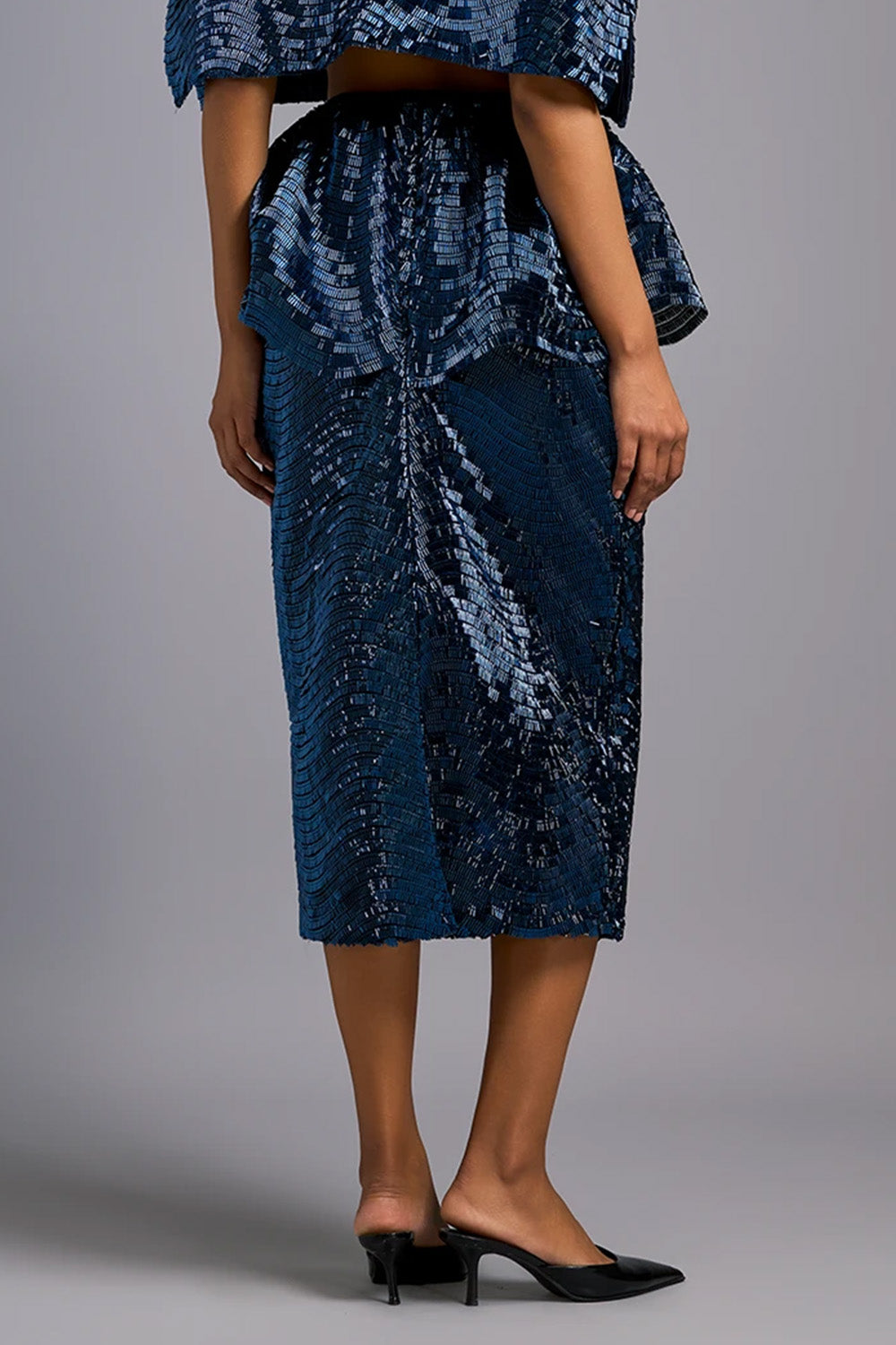 Navy Blue Shimmer Embroidered Midi Skirt