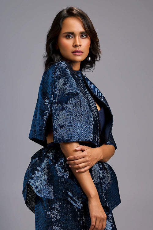 Navy Blue Sleek Bustier with Shimmer Skirt and Cape