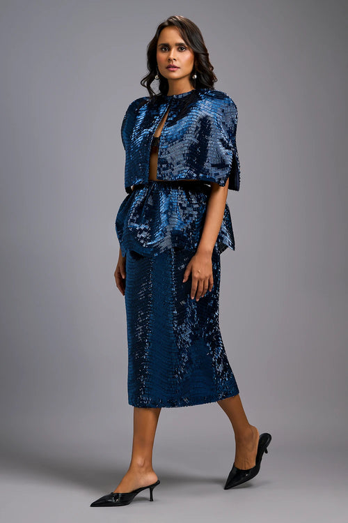 Navy Blue Sleek Bustier with Shimmer Skirt and Cape